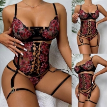 Sexy Cross-over Lace-up Heart Embroidery Semi-through Lace Three-piece Lingerie Set