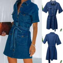 Street-Chic Polo Short Sleeve Tie-belt Denim Shirt