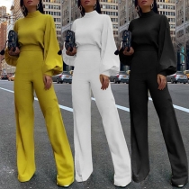 Fashion Solid Color Long Batwing-sleeved Stand Collar Flared Leg Jumpsuit