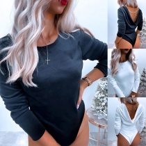 Sexy Solid Color Long Sleeve Backless Chain Draped Bodysuit