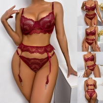 Sexy Solid Color Semi-through Lace Three-piece Lingerie Set