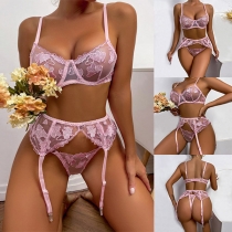 Sexy Solid Color Semi-through Lace  Heart Embroidery Three-piece Lingerie Set