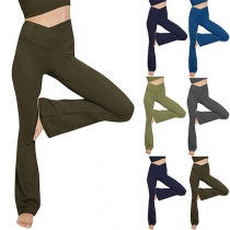 Fashion Solid Color High Waist Flared Hem Sports Pants Leggings