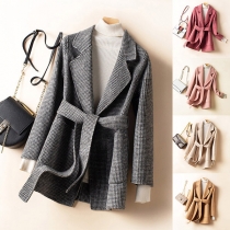 Fashion Long Sleeve Notched Lapel Houndstooth Duffle Coat with Waist Strap
