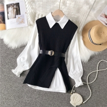 Fashion Long Sleeve POLO Collar Shirt + Slit Hem Knit Vest Two-piece Set
