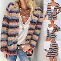 Fashion Long Sleeve Contrast Color Stripe Knit Cardigan