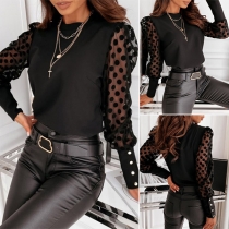 Fashion Round Neck Lace Spliced Long Sleeve Shirt
