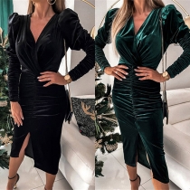 Sexy Solid Color Long Sleeve Puff Sleeve Slit Gathered Dress