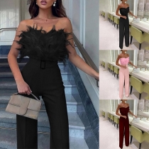 Sexy Solid Color Artificial Feather Strapless Flared Jumpsuit