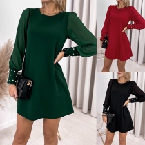 Casual Solid Color Guze Spliced Long Sleeve Bead Short Dress
