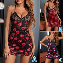 Sexy Lace Spliced with Heart Printed/Plaid Pattern Sling Nightwear Dress