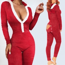 Casual Style Solid Color Long Sleeve Back-button Plush Loungewear Nightwear Jumpsuit