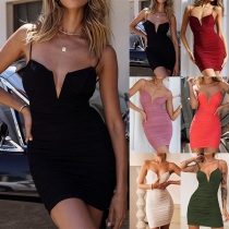 Sexy Solid Color V-neck Gathered Bodycon Sling Dress
