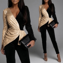 Sexy Bling Bling Contrast Color Long Sleeve Wrap Jumpsuit