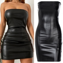 Sexy Strapless Artificial Leather PU Bodycon Party Dress（Size Run Small）
