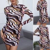 Sexy Zebra Printed Long Sleeve Stand Collar Bodycon Dress
