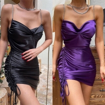 Sexy Solid Color Side Drawstring Draped V-neck Sling Chain Dress