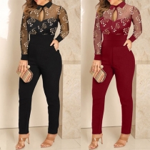 Sexy Long Sleeve Stand Collar Floral Embroidery Cutout Fitted Jumpsuit