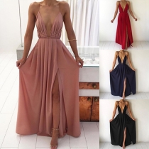 Sexy Solid Color V-neck Crossover Backless High Slit Long Dress