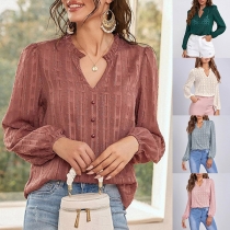 Casual Solid Color V-neck Button Lace Blouse