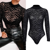 Sexy Gothic Style Stand Collar See-through Irregular stripe Long Sleeve Bodysuit