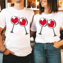 Chic Wine Glass Heart Print Short Sleeve Round Neck Couple T-shirt