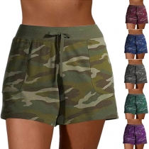 Casual Camouflage Print Waist Drawstring Side Pocket Shorts