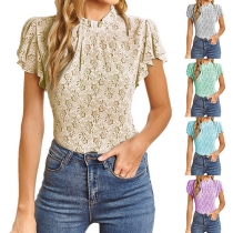 Casual Gathered Floral Printed Ruffle Stand Collar Shirt