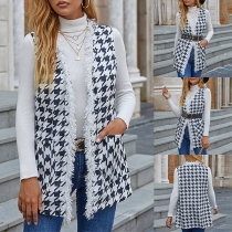 Vintage Houndstooth Sleeveless Cardigan with Frayed Details