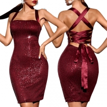 Sexy Bling-bling Halter Crossover Bodycon Sequined Dress