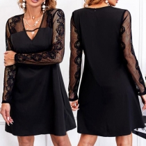 Elegant Lace Spliced V-neck Black A-lined Dress