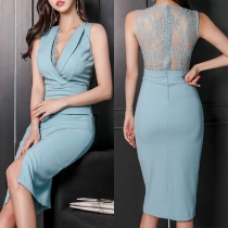Elegant Lace Spliced Sleeveless Bodycon Slit V-neck Bodycon Dress