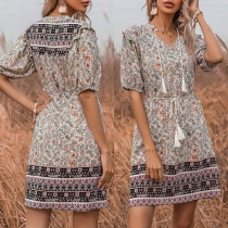 Bohemian Style Floral Printed V-neck Drawstring Short Sleeve Dress