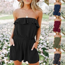 Sexy Solid Color Side Pockets Ruffle Off-the-shoulder Romper