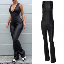 Fashion Black Artificial Leather PU Sleeveless V-neck Jumpsuit