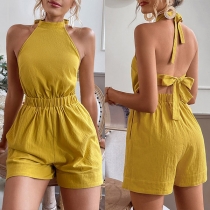 Sexy Solid Color Backless Side Pockets Halter Romper