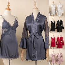 Sexy Solid Color Lace Spliced Two-piece Loungewear Set Consist of Slip Nightwear Dress and Nightgown