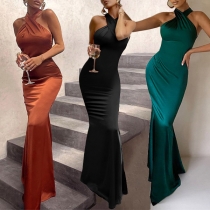 Fashion Solid Color Crossover Halter Neck Backless Side Slit Party Dress