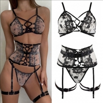 Sexy See-through Gauze Cross-over Three-piece Lingerie Set