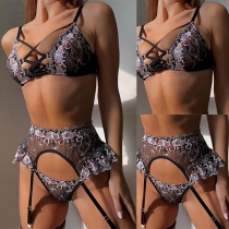 Sexy Floral Embroidered Crossover Three-piece Lingerie Set