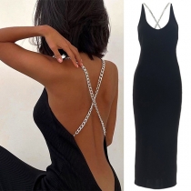Sexy Black Backless Crossover Chain Bodycon Dress