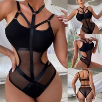 Sexy Gauze Spliced Crossover Halterneck Bodysuit