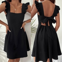 Fashion Solid Color Ruffle Back-tie Fit & Flare Dress
