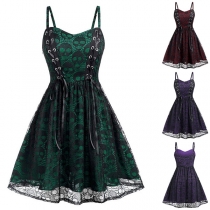 Punk Style Skull Pattern Lace Spliced Lace-up Slip-style Dress for Halloween Day