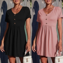 Casual Solid Color Short Sleeve V-neck Buttoned  Fit & Flare Dress