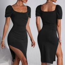 Sexy Square Neck Short Sleeve Side Slit Ruched Bodycon Dress