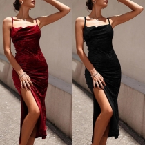 Sexy Solid Color Cowl Neck Side Slit Cami Dress