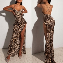 Sexy Leopard Print Side Slit Backless Chain Criss-cross Slip Dress