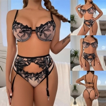 Sexy Floral Embroidery Three-piece Lingerie Set