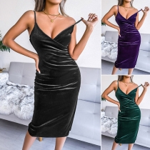 Fashion Solid Color V-neck Side Slit Velvet  Slip Dress